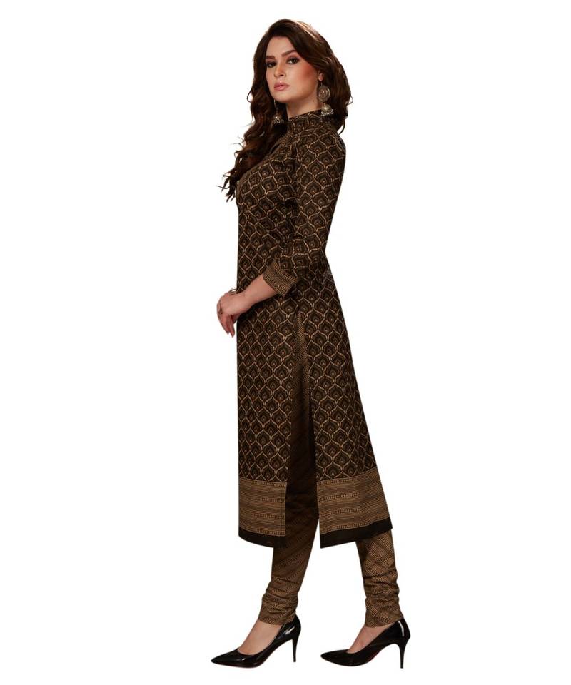 Women's Coffee Brown & Beige Cotton Printed Unstitch Dress Material With Dupatta