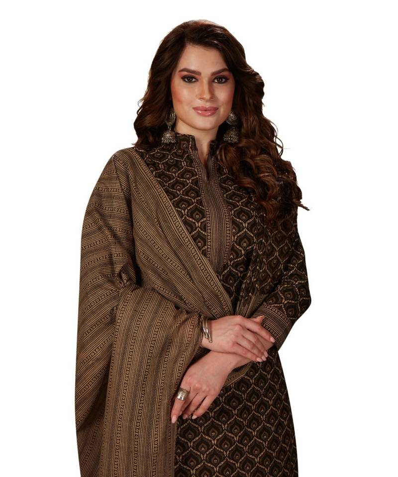 Women's Coffee Brown & Beige Cotton Printed Unstitch Dress Material With Dupatta