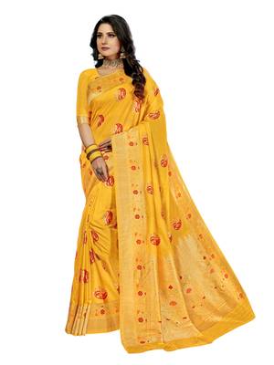 Golden woven silk blend saree with blouse 1