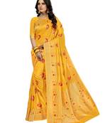 Golden woven silk blend saree with blouse