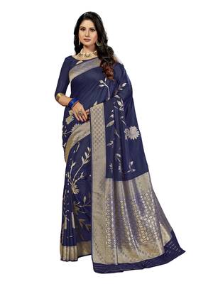 Navy blue woven silk blend saree with blouse 1