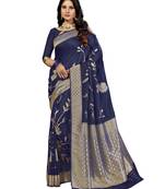 Navy blue woven silk blend saree with blouse