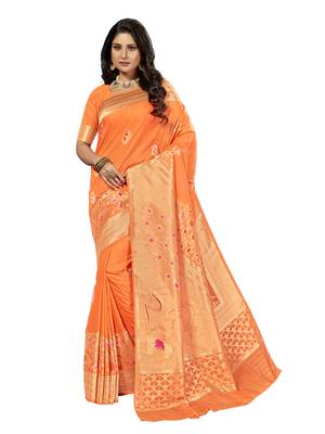Peach woven silk blend saree with blouse 1
