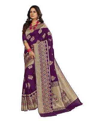Purple woven silk blend saree with blouse 1