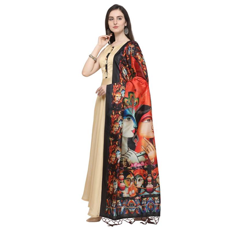 Black Assam silk Digital Print Traditional Tassel Dupatta Sangam