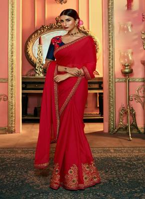 Red embroidered silk saree with blouse 1