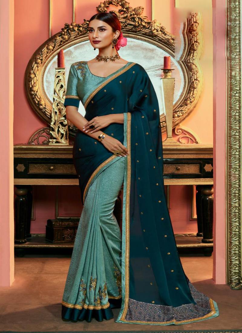 Pretty Blue Satin Silk Embroidered Ready to Wear Saree main image 1