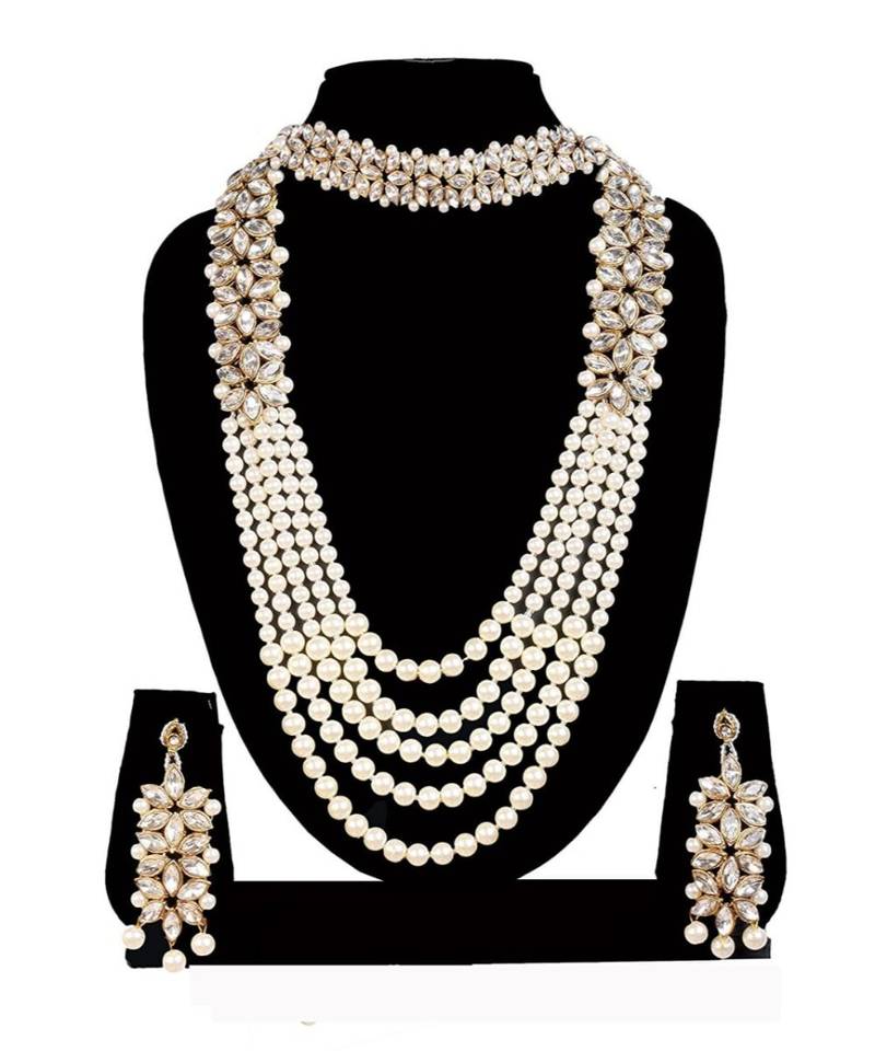 White Kundan Pearls Rani Haar Necklace with Maang Tikka Long Haram Bridal Jewellery Sets for Women and Girls
