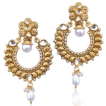 White Pearl Chandbali Hoops Kundan Pearl Polki danglers-drops 1
