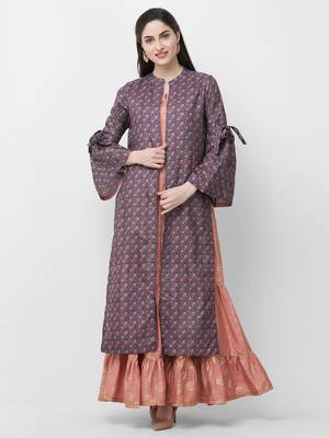 Peach printed chanderi ethnic-kurtis 1