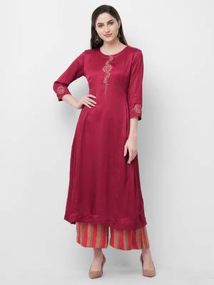 Maroon embroidered satin ethnic-kurtis 1