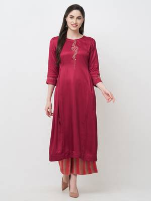 Maroon embroidered satin ethnic-kurtis 4