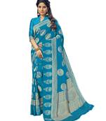 Blue woven silk blend saree with blouse