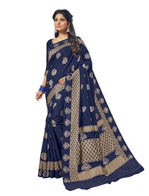 Navy blue woven silk blend saree with blouse 1