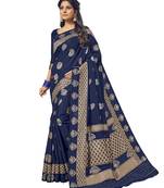Navy blue woven silk blend saree with blouse