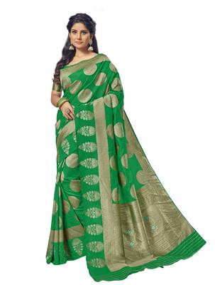 Green woven silk blend saree with blouse 1