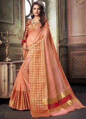 Peach Plain Cotton Silk Saree With Blouse 1