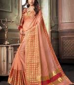 Peach Plain Cotton Silk Saree With Blouse