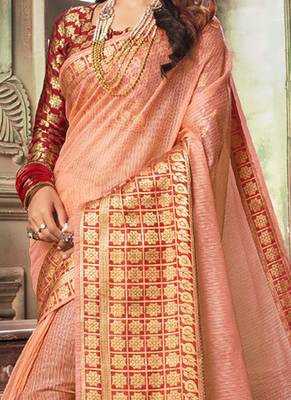 Peach Plain Cotton Silk Saree With Blouse 2