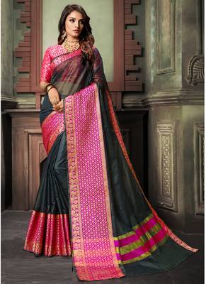 Black Plain Cotton Silk Saree With Blouse 1