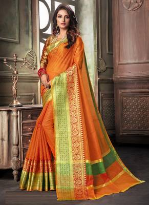 Orange Plain Cotton Silk Saree With Blouse 1