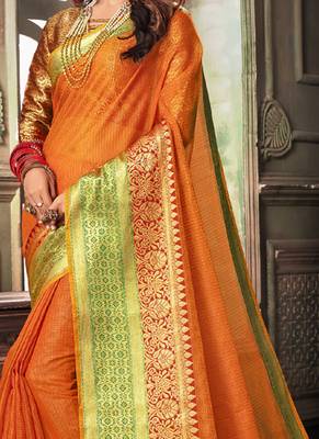 Orange Plain Cotton Silk Saree With Blouse 2