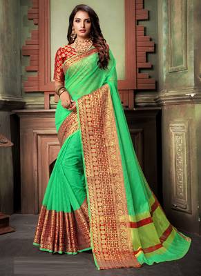 Green Plain Cotton Silk Saree With Blouse 1