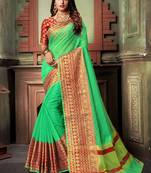 Green Plain Cotton Silk Saree With Blouse