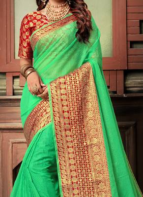 Green Plain Cotton Silk Saree With Blouse 2
