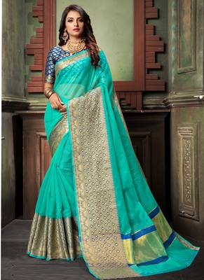 Blue Plain Cotton Silk Saree With Blouse 1