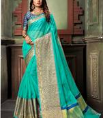 Blue Plain Cotton Silk Saree With Blouse