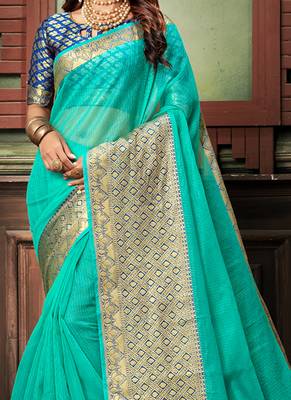 Blue Plain Cotton Silk Saree With Blouse 2