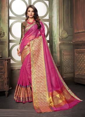 Pink Plain Cotton Silk Saree With Blouse 1