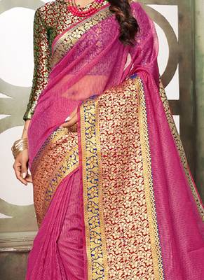 Pink Plain Cotton Silk Saree With Blouse 2