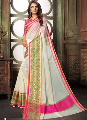 White Plain Cotton Silk Saree With Blouse 1