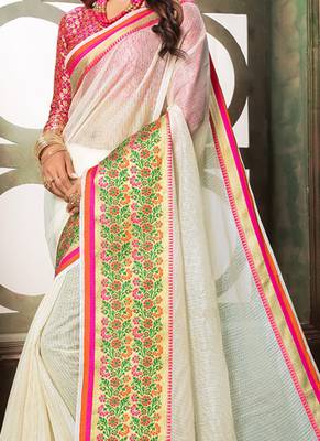 White Plain Cotton Silk Saree With Blouse 2