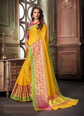Yellow Plain Cotton Silk Saree With Blouse 1