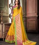 Yellow Plain Cotton Silk Saree With Blouse