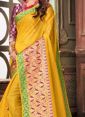 Yellow Plain Cotton Silk Saree With Blouse 2