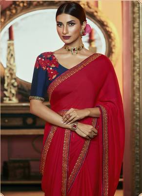 Red embroidered silk saree with blouse 2