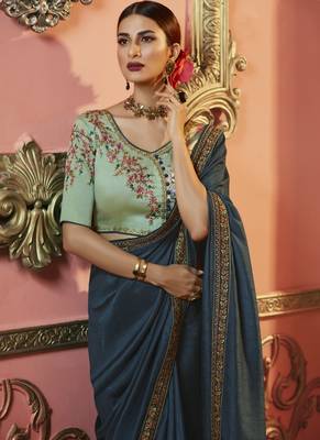   royal blue embroidered silk saree with blouse 2