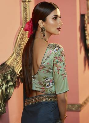   royal blue embroidered silk saree with blouse 3