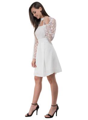 Women's Crepe Off White Pleated Mini Dress 2