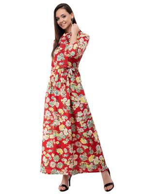 Women's Crepe Red Printed Maxi Dress 2