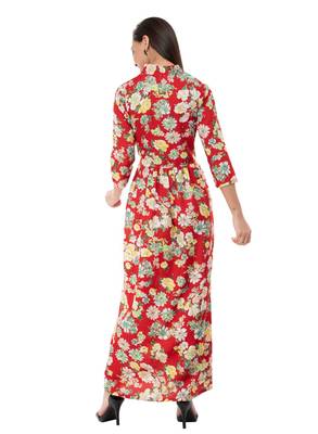 Women's Crepe Red Printed Maxi Dress 3