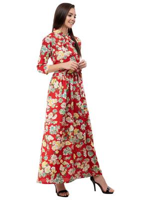 Women's Crepe Red Printed Maxi Dress 5