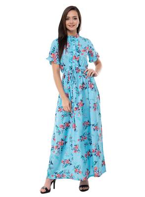 Women's Crepe Turquoise Printed Maxi Dress 1