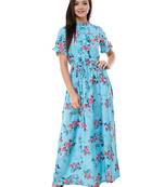 Women's Crepe Turquoise Printed Maxi Dress