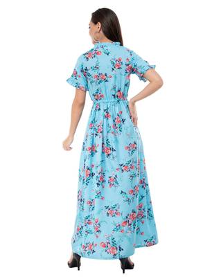 Women's Crepe Turquoise Printed Maxi Dress 3