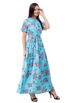 Women's Crepe Turquoise Printed Maxi Dress 5